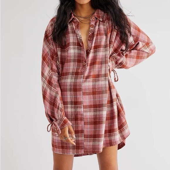 Free People Dresses & Skirts - Free People Zoey Plaid Shirt Dress in Pink and Brown Sz XS